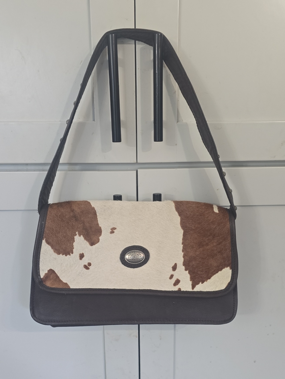American West Leather Shoulder Bag with Brown & White Cowhide Accent